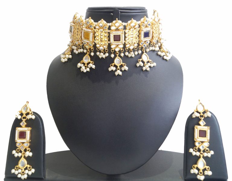 choker necklace set online, navratan kundan choker with pearls