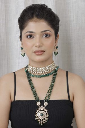 Emerald Green Long Kundan Set with Onyx Stones